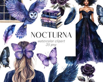 Clipart Celestial, Clipart Mágico ao Luar, Aquarela, Clipart de Menina Misteriosa da Lua, Adesivos Digitais, Clipart de Fantasia, Mago, Vestidos