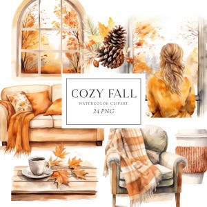 Cozy Fall Clipart, Fall Home Clipart Watercolor, Cozy Home, Cosy Autumn Clipart, Home Decor Clipart, Commercial,Fall Stickers, Scrapbooking