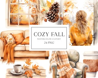 Cozy Fall Clipart, Fall Home Clipart Watercolor, Cozy Home, Cosy Autumn Clipart, Home Decor Clipart, Commercial,Fall Stickers, Scrapbooking