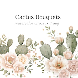 Clipart de flores de cacto, clipart de flores boho, clipart de flores do deserto, clipart de buquês de cactos, buquês de aquarela, casamento de cactos