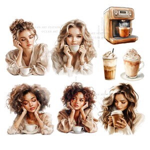 Kaffeälskare Clipart, Neutral Kaffe Clipart, Cappuccino Barista Clipart, Kaffedrycker Akvarell, Kommersiellt Bruk bild 5