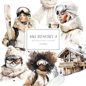 Clipart ragazza sciatrice, Clipart sci acquerello, Stazione sciistica, Clipart sport invernali, Vacanze invernali, Uso commerciale, PNG