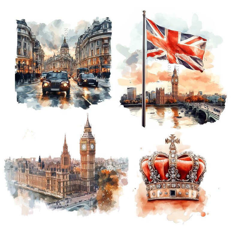 London Clipart, Big Ben Tower Bridge, London Watercolor Illustration, England British UK Clipart, Travel Clipart London Sticker Scrapbooking image 5