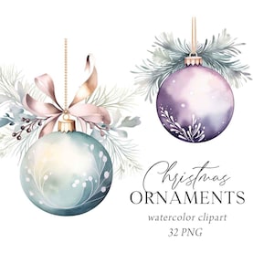 Pastel Christmas Ornaments Clipart, Christmas Ornaments Watercolor, Christmas Invitations, PNG, Christmas Ornament Party, Commercial Use