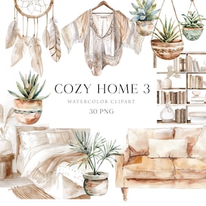 Clipart casa Boho acquerello, Clipart casa accogliente, Clipart casa Boho, Clipart arredamento casa, Uso commerciale, Adesivi per la casa, Scrapbooking