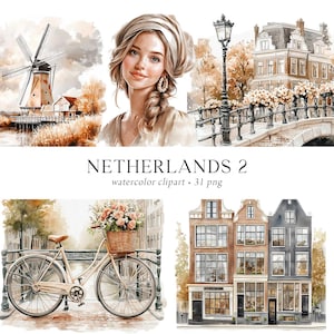Clipart di Amsterdam, Clipart dei Paesi Bassi, Illustrazione ad acquerello olandese, Clipart dell'Olanda, Clipart di viaggio, Scrapbooking di adesivi dei Paesi Bassi