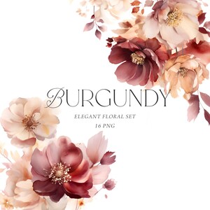 Clipart floral bordeaux, clipart bouquets Bordeaux, clipart floral automne, marsala, bouquets aquarelle, commercial, mariage Bourgogne