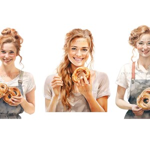 May include: Three women with different hairstyles are shown in the image. The woman on the left is holding two pretzel rolls. The woman in the middle is holding a single pretzel roll and is taking a bite. The woman on the right is holding a single pretzel roll. All three women are wearing white shirts and blue overalls.