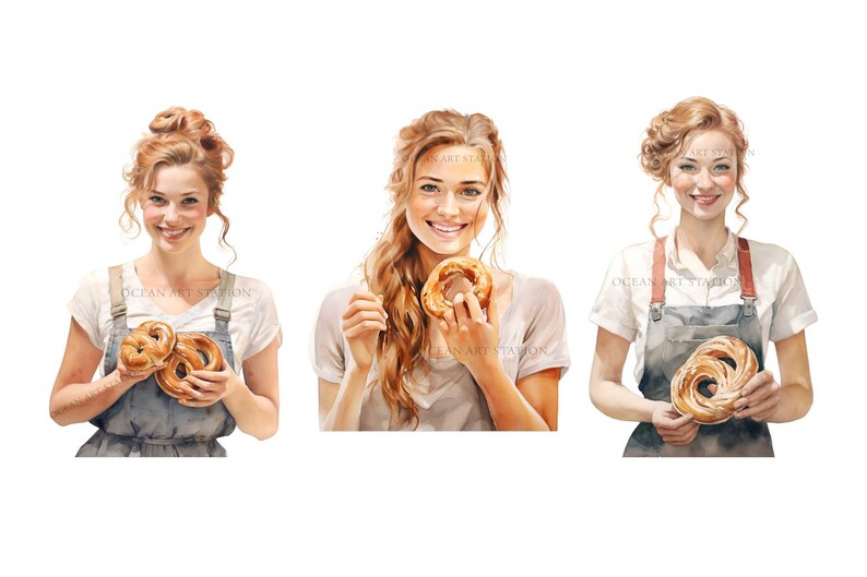 May include: Three women with different hairstyles are shown in the image. The woman on the left is holding two pretzel rolls. The woman in the middle is holding a single pretzel roll and is taking a bite. The woman on the right is holding a single pretzel roll. All three women are wearing white shirts and blue overalls.