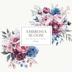Boho Floral Clipart, Blue Blush Pink Bouquets, Dusty Pink Wedding Bouquets, Commercial, Blue and Pink Flowers, Wedding Clipart