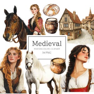 Middeleeuwse clipart-aquarel, middeleeuwse mensen, clipart uit het midden van de eeuw, middeleeuws dorp, commercieel gebruik, middeleeuwen, scrapbooking