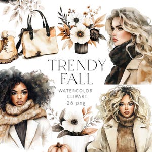 Fall Fashion Clipart, Neutral Fall Girl Clipart, Cozy Fall Watercolor, Autumn Fashion Clipart, Winter Fashion Clipart, Fall Outfit image 1
