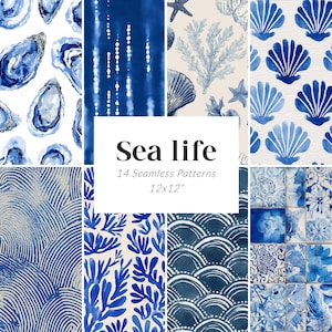Può includere: Una collezione di 14 motivi senza cuciture a tema vita marina. I motivi presentano disegni blu e bianchi di conchiglie, coralli e altri elementi marini. Il testo "Sea life" e "12x12" è visualizzato su sfondo bianco.