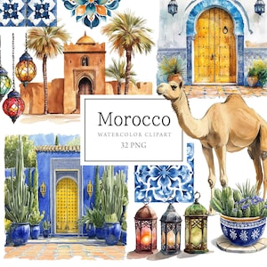 Aquarelles cliparts Maroc, cliparts de voyage au Maroc, illustrations d'autocollants marocains, méditerranéen, islamique, esthétique marocaine, commercial
