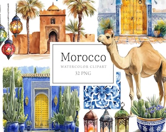 Marocko Clipart Akvarell, Marocko Rese Clipart, Marockanska Klistermärken Illustrationer, Medelhavsområdet, Islamisk, Marockansk Estetik, Kommersiell