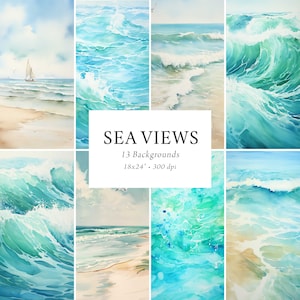 Strand-Digitalpapiere, Strandhintergründe, Meerwasser, Meerblick, Strandhochzeitseinladung, Ozean-Digitalpapiere, Sommer-Digitalpapierpaket