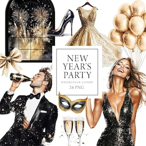 Acuarela de Año Nuevo, imágenes prediseñadas de Nochevieja en negro y dorado, uso comercial, imágenes prediseñadas de fiesta, imágenes prediseñadas de celebración, PNG, POD