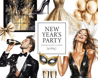 May include: A digital watercolor illustration with a New Year's Party theme. The image includes a gold dress, black high heels, champagne, balloons, a masquerade mask, and the text "NEW YEAR'S PARTY WATERCOLOR CLIPART 26 PNG."