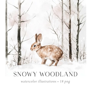 Imágenes prediseñadas de animales de invierno en acuarela, animales del bosque, animales del bosque nevado, escenas de invierno, imágenes prediseñadas de bosque nevado, paisaje de invierno