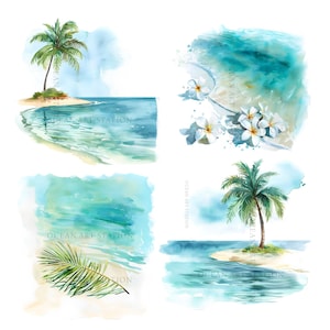 May include: Four watercolor paintings depicting tropical beach scenes. The top left image shows a palm tree on a small island with turquoise water. The top right image shows white flowers on a sandy beach with turquoise water. The bottom left image shows a palm frond on a sandy beach with turquoise water. The bottom right image shows a palm tree on a small island with turquoise water.