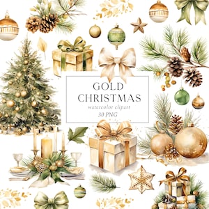 Christmas Clipart Watercolor, Boho Christmas Clipart Bundle, Gold Christmas, PNG, POD, Christmas Tree Ornaments Gifts, Commercial Use