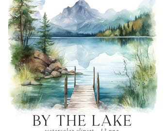 Lake Clipart Watercolor, Lake Landscape Png, Mountain Clipart, Nature Clipart, Forest Landscape, Nature Illustrations, Lake Invitation