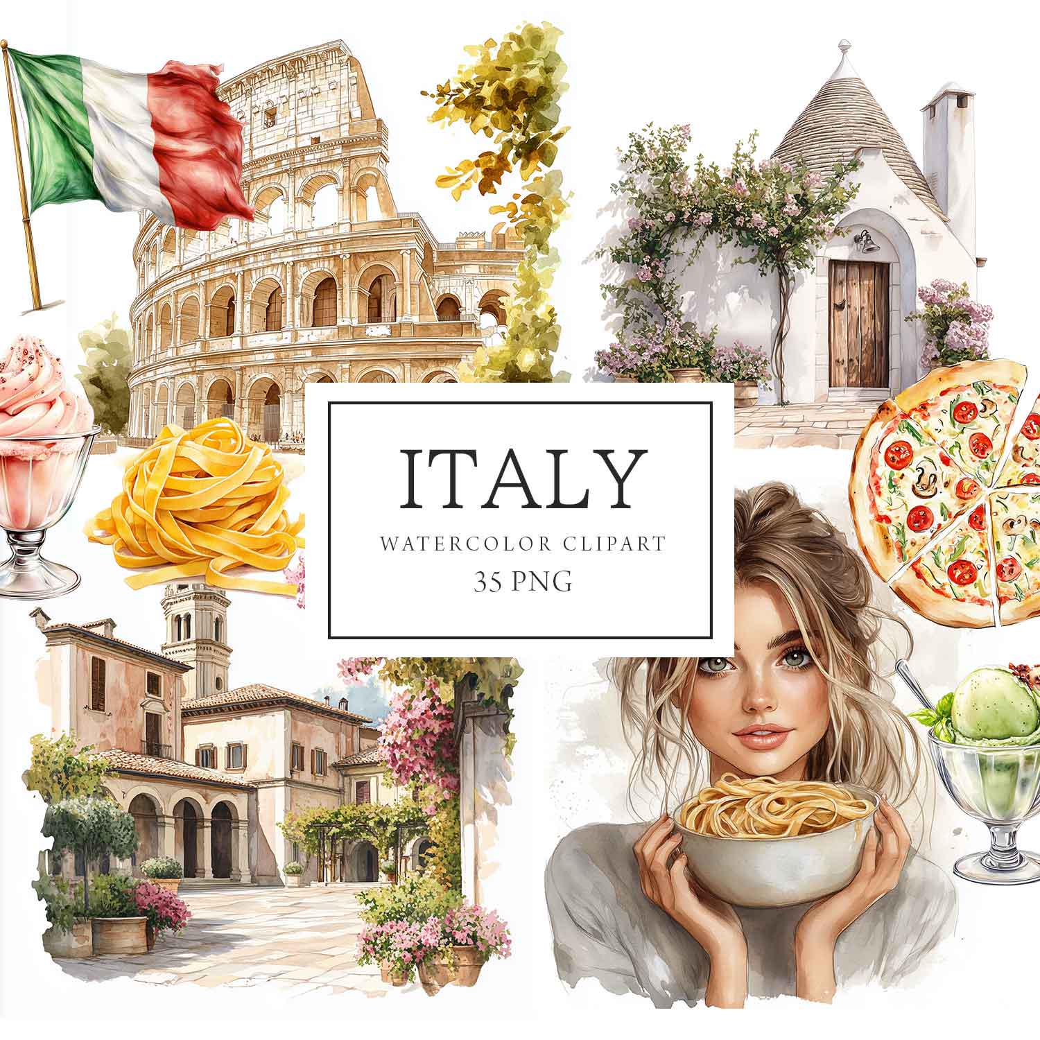 Italy Clipart, Italian Travel Clipart, Rome Amalfi, Italy Stickers, Watercolor Illustration, Italy Sticker Scrapbooking