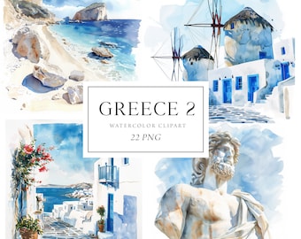 Greece Clipart, Santorini Clipart, Greek Vacation, Mykonos Summer Vacation Clipart, Travel Clipart, Greece Watercolor, Greek Islands Png