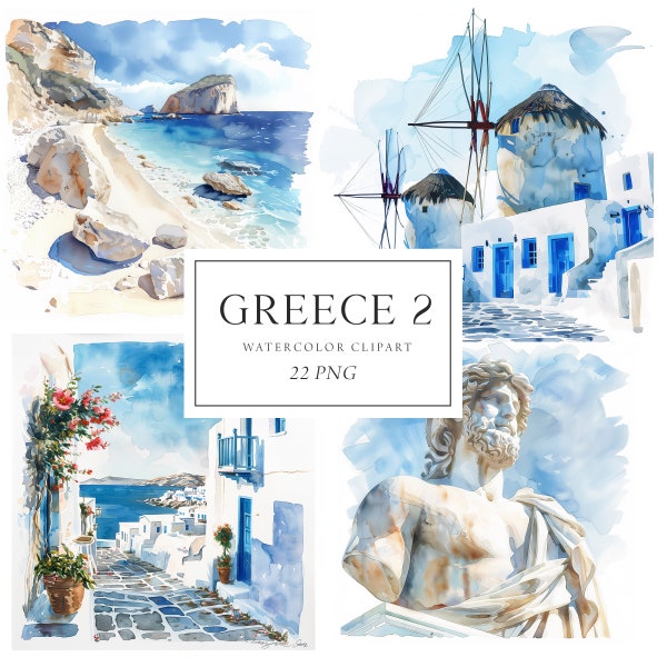 Greece Clipart, Santorini Clipart, Greek Vacation, Mykonos Summer Vacation Clipart, Travel Clipart, Greece Watercolor, Greek Islands Png