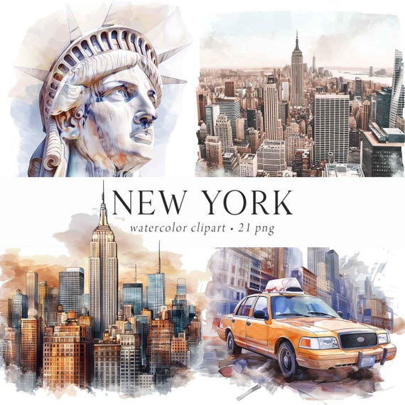 New York Clipart Watercolor, NYC Clipart, New York Buildings, Brooklyn Bridge Manhattan, Scrapbooking, New York Illustrations, USA Clipart