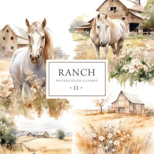 Ranch Clipart aquarela, rancho de cavalos, clipart country, clipart ocidental, clipart de fazenda, cavalos, campo rústico, pré-fabricado, comercial