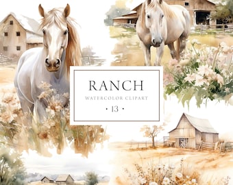 Ranch Clipart Watercolor, Horse Ranch, Country Clipart, Western Clipart, Farmhouse Clipart, Horses, Rustic Countryside, Premade, Commercial