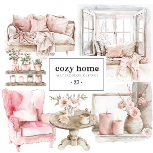 Clipart casa accogliente acquerello, estetica casa accogliente, clipart casa rosa, clipart arredamento casa, uso commerciale, adesivi per la casa, scrapbooking