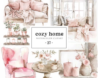 Cosy Home clipart aquarel, Cosy Home esthetiek, Pink Home clipart, Home decor clipart, commercieel gebruik, Home stickers, scrapbooking