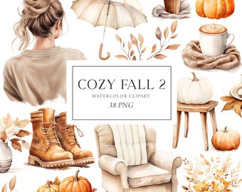 Przytulny jesienny clipart, jesienny clipart akwarelowy, przytulny dom, przytulny jesienny clipart, wystrój domu clipart, komercyjny, jesienne naklejki, jesienny scrapbooking