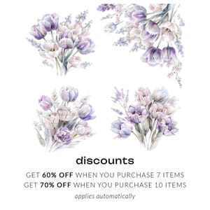Tulips Clipart Watercolor, Tulip Clipart Png, Lilac Floral Clipart, Purple Spring Clipart, Spring Floral Clipart, Wedding Bouquets Clipart image 2
