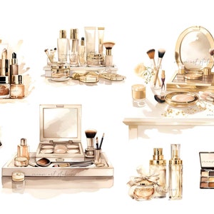 May include: A watercolor illustration of a vanity table with various makeup products, including eyeshadow palettes, foundation, brushes, and bottles of perfume. The products are arranged in a decorative and artistic manner, with a gold and brown color scheme.
