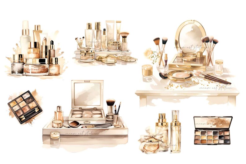 May include: A watercolor illustration of a vanity table with various makeup products, including eyeshadow palettes, foundation, brushes, and bottles of perfume. The products are arranged in a decorative and artistic manner, with a gold and brown color scheme.