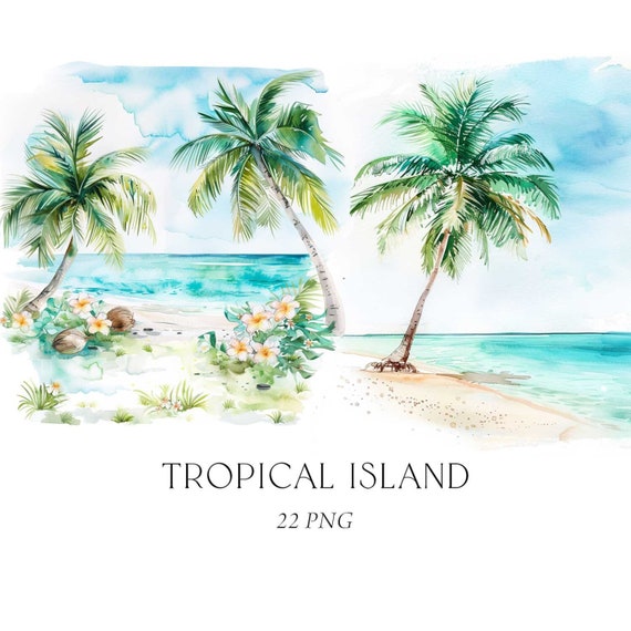 Tropical Beach Clipart, Palm Trees Clipart Watercolor, Palm Beach Clipart, Tropical Island Scene Landscape, Exotic Beach, Sea View Vacation