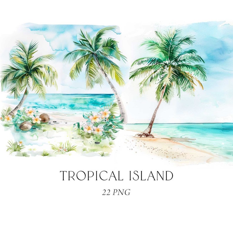 May include: Watercolor painting of a tropical island scene with palm trees, white sand, and turquoise water. The painting is titled "Tropical Island" and includes the text "22 PNG".