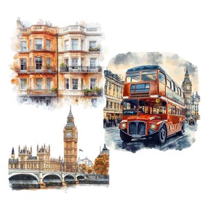 London Clipart, Big Ben Tower Bridge, London Watercolor Illustration, England British UK Clipart, Travel Clipart London Sticker Scrapbooking image 6