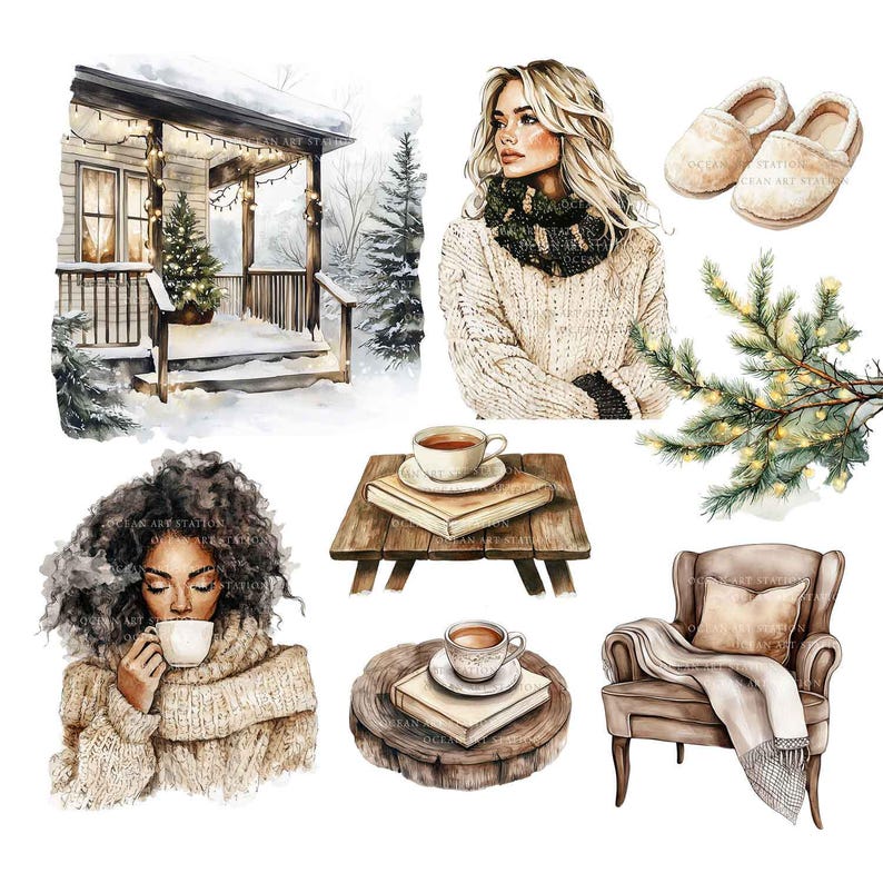 Op de afbeelding: Waterverfillustraties van gezellige wintertaferelen. Bevat een besneeuwde veranda met een kerstboom, een vrouw in een trui, een kopje thee op een boek, een stoel met een deken en pantoffels. Het thema is winter en comfort.