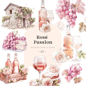 Rose Wine Clipart aquarel, wijnliefhebber clipart, bruiloft clipart, wijn PNG, wijnmakerij wijngaard, commercieel gebruik, wijn illustraties