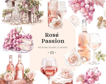 Rose Wein Clipart Aquarell, Wein Liebhaber Clipart, Hochzeit Clipart, Wein Png, Weingut Weinberg, kommerzielle Nutzung, Wein Illustrationen