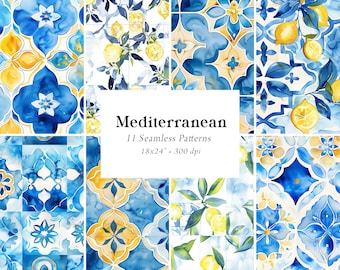 Mediterranean Seamless Patterns, Mediterranean Digital Papers, Lemon Patterns, Mediterranean Backgrounds, Italian Greek Digital Paper Pack