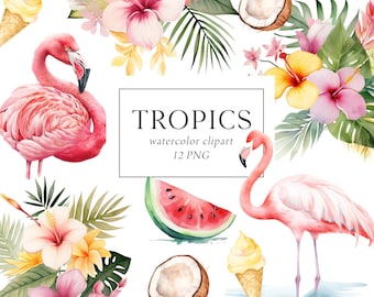 Tropical Floral Clipart, Tropical Bouquets Clipart, Flamingo Clipart, Luau Bouquets Clipart, Tropical Stickers, Hawaiian Clipart