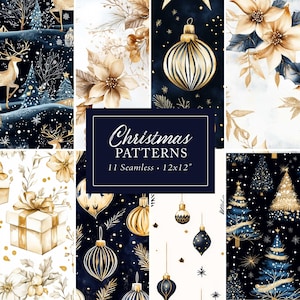 Wzory świąteczne Navy Gold, Eleganckie papiery cyfrowe na Boże Narodzenie, Bezszwowe wzory świąteczne, Pakiet papieru cyfrowego na święta, Tła świąteczne