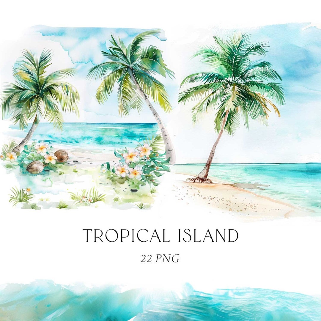 Tropical Beach Clipart, Palm Trees Clipart Watercolor, Palm Beach