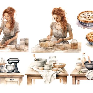 May include: A watercolor illustration of a woman baking apple pie. The illustration shows the woman in different stages of the baking process, from mixing the dough to baking the pie. The illustration also includes various baking supplies, such as a stand mixer, bowls, and jars.