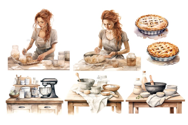 May include: A watercolor illustration of a woman baking apple pie. The illustration shows the woman in different stages of the baking process, from mixing the dough to baking the pie. The illustration also includes various baking supplies, such as a stand mixer, bowls, and jars.